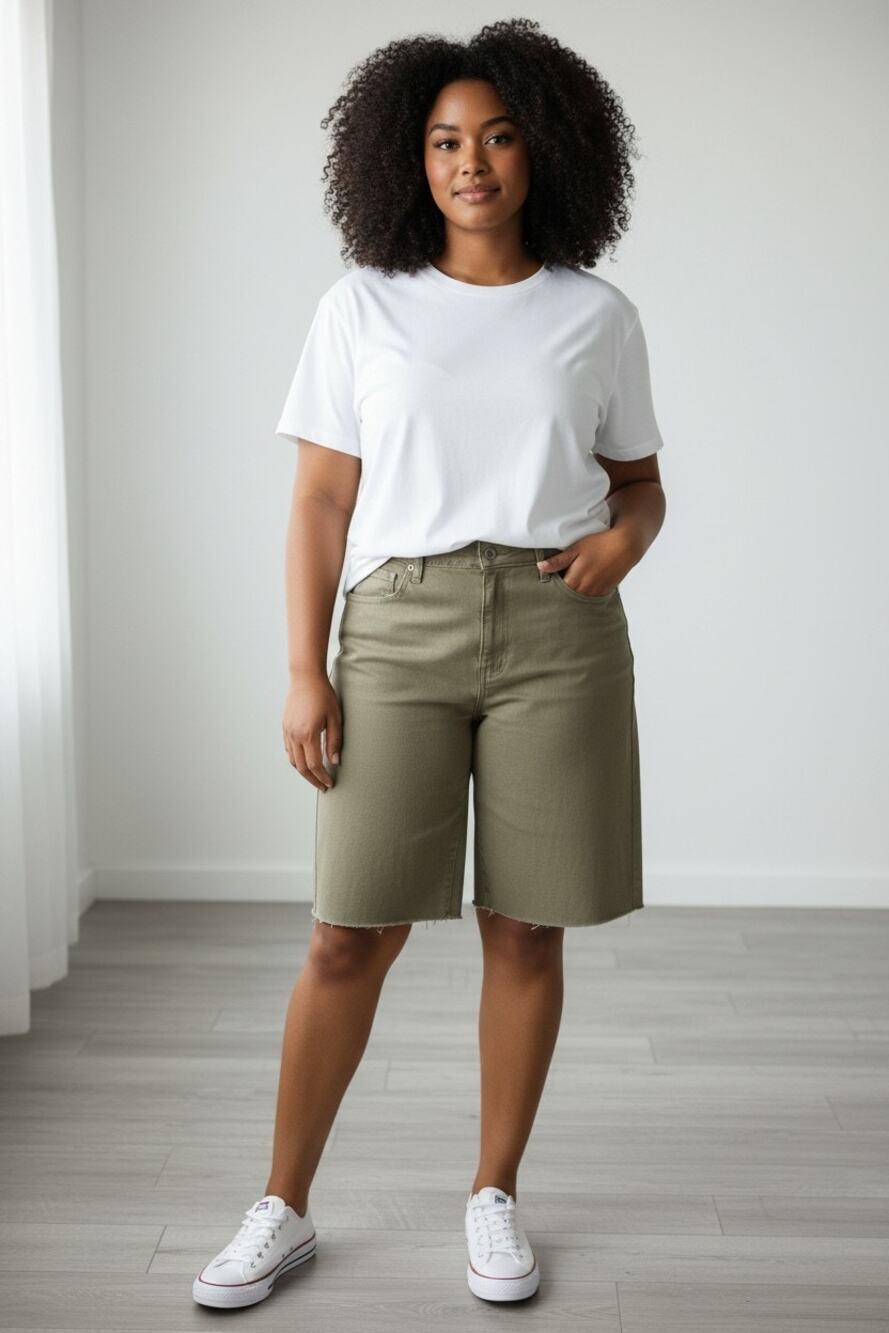 Time and Tru Women's Barrel Bermuda Shorts Raw Hem Color: Washed Green Size:16